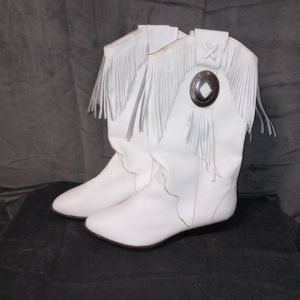 🤠 Vintage 80s Leather Craft White Fringe Cowboy Boots Size 8.5